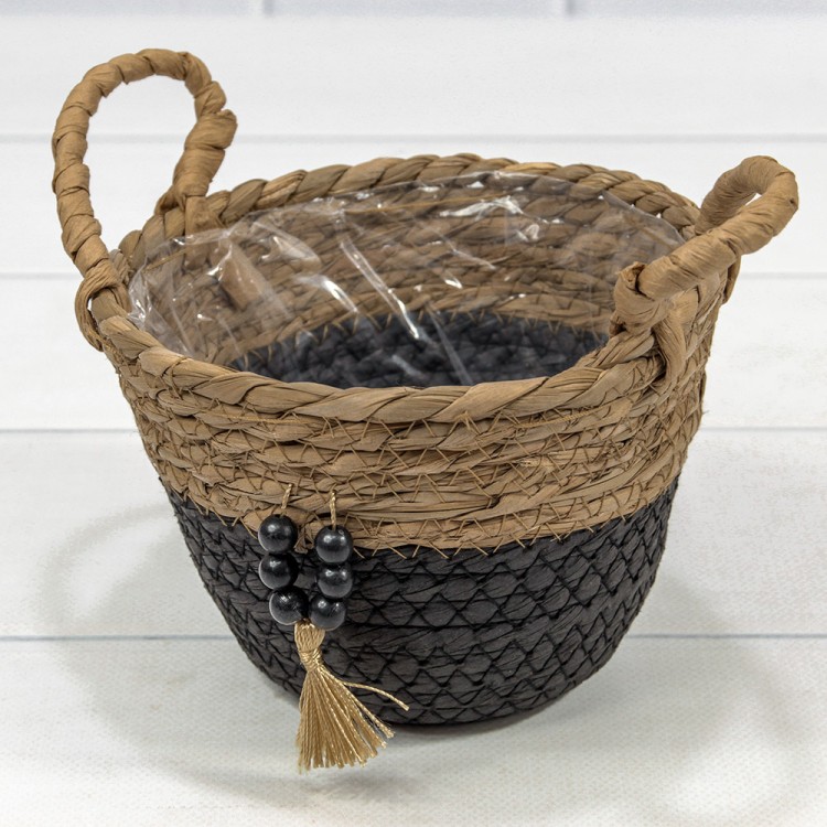 Корзина плетёная Круглая 15*12/15 (±5%) из камыша и бумаги с ручками Натуральный/Чёрный 1/96 Арт: 420125/8