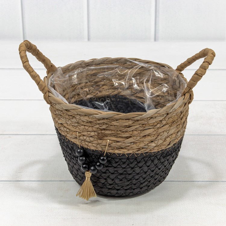 Корзина плетёная Круглая 18*13/17 (±5%) из камыша и бумаги с ручками Натуральный/Чёрный 1/96 Арт: 420126/8